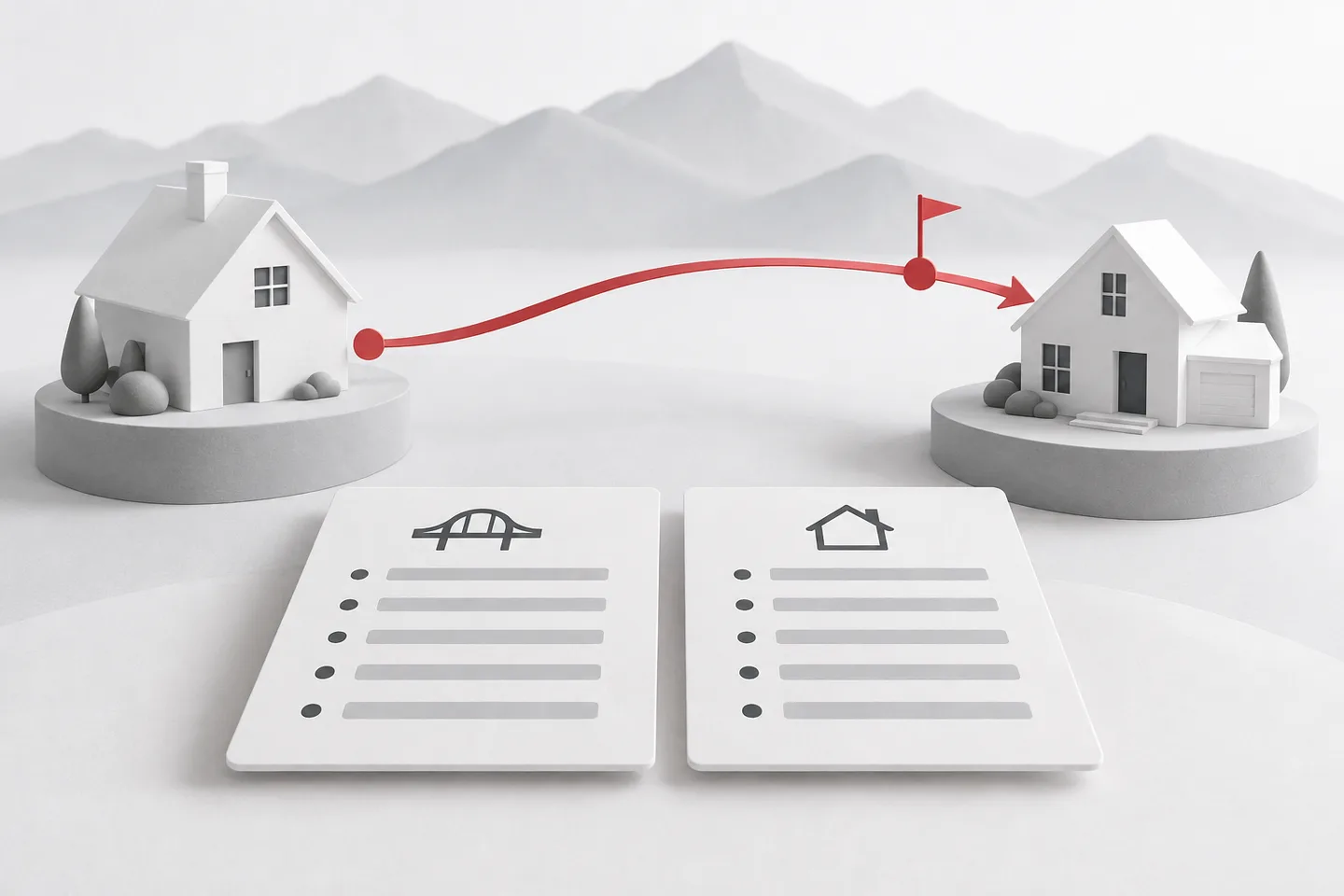 Two white model homes linked by a red timeline with a delay marker, above side-by-side bridge-loan and home-equity comparison sheets.