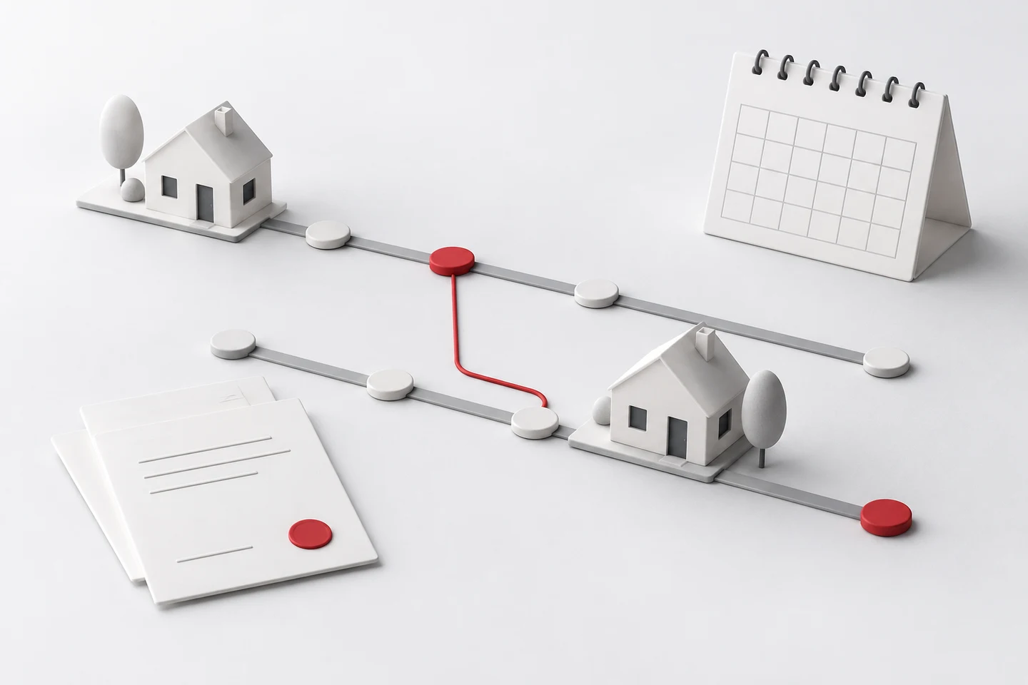Two model houses connected by parallel contract timelines beside a calendar and document.