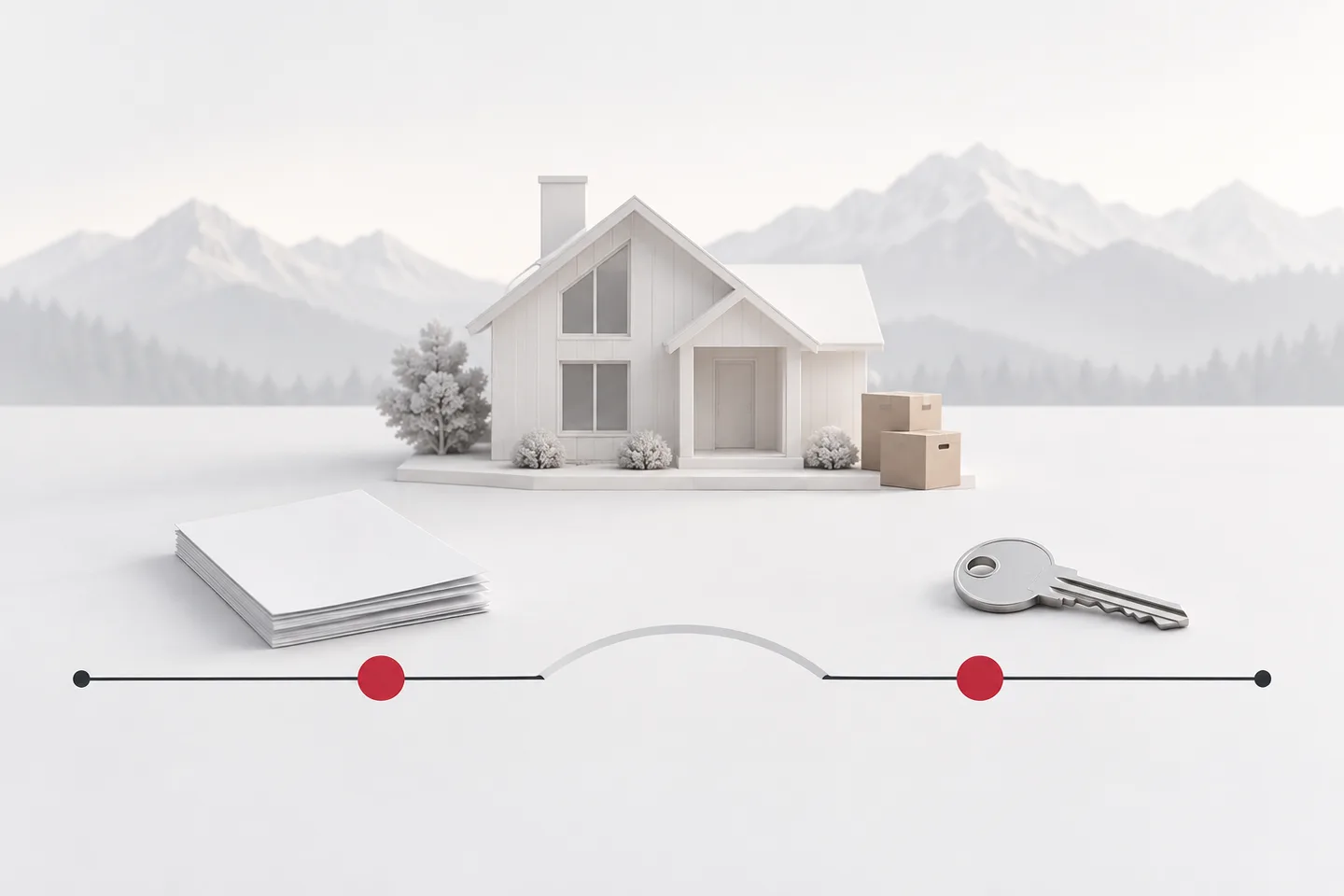 White mountain-home model with moving boxes above a timeline linking closing papers and a house key, illustrating the gap between ownership and possession.