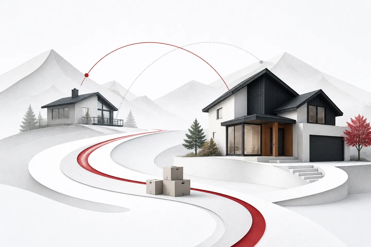 Illustrated mountain homes connected by red timing arcs and a winding path, with moving boxes between the sale and purchase.