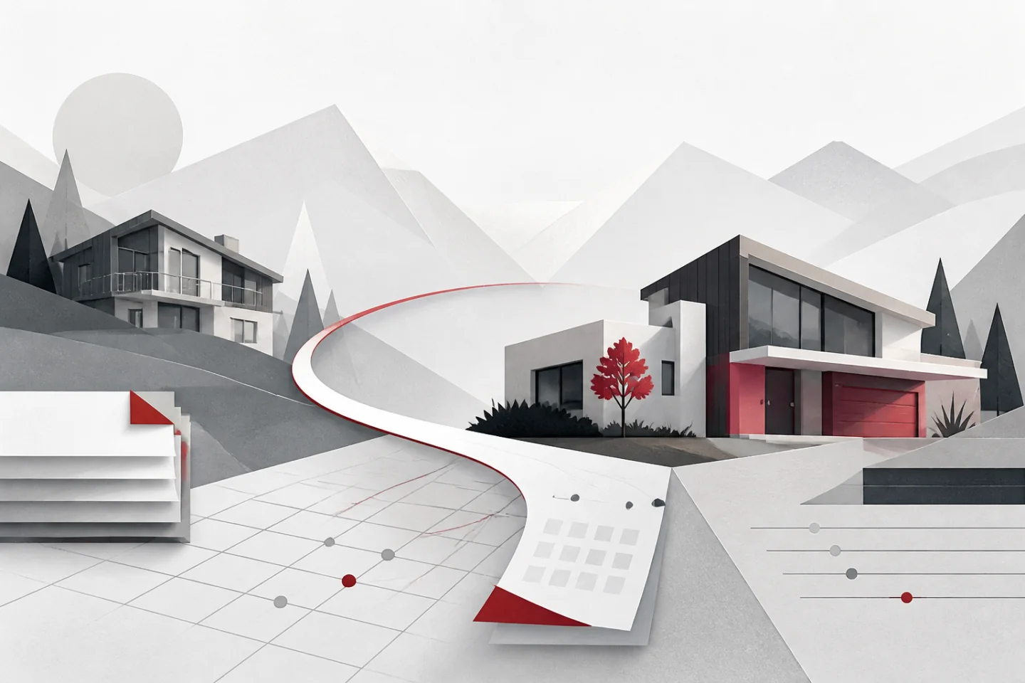 Abstract mountain landscape with two modern homes connected by a red transition path above calendar and ledger motifs.